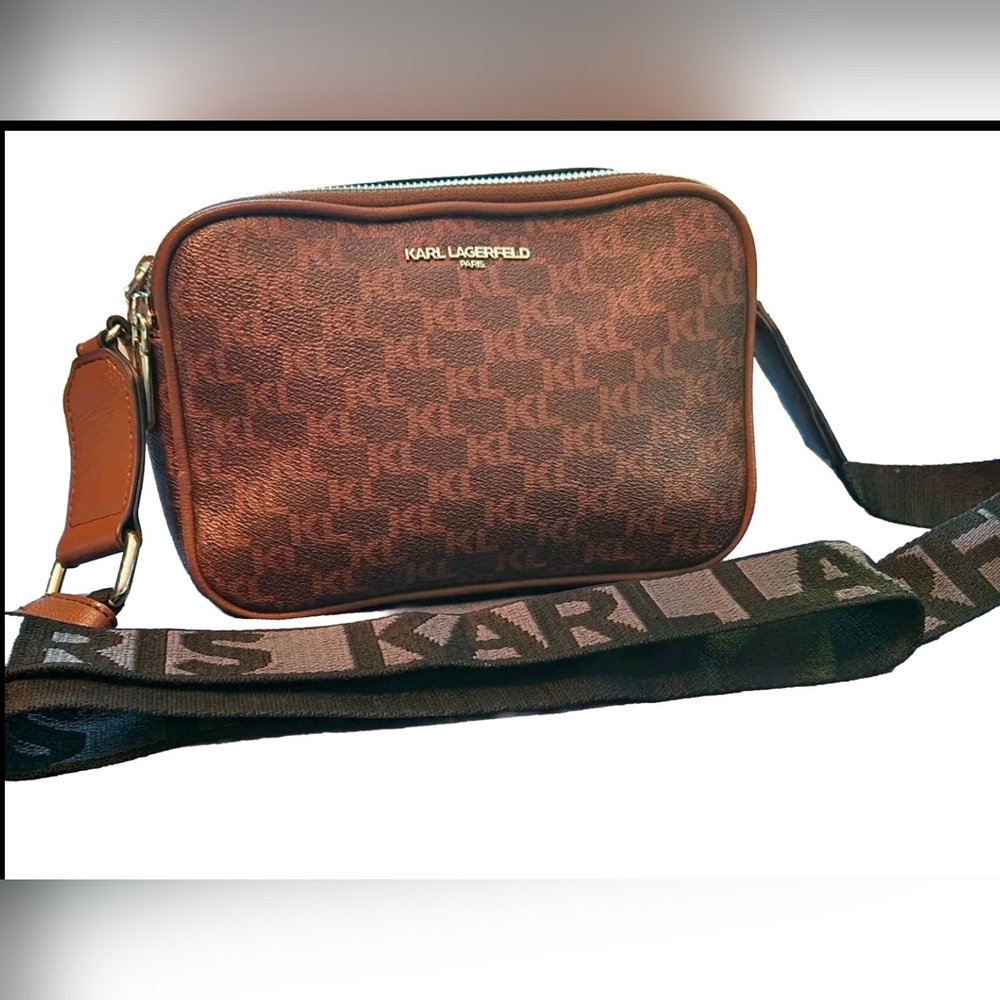 Karl Lagerfeld Monogram purse with long crossbody strap with Name on it.